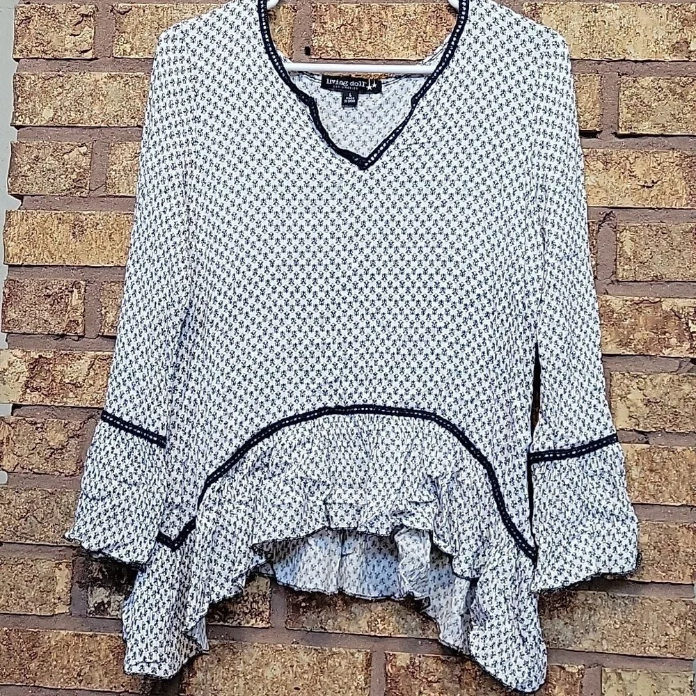 Living Doll Los Angeles Navy White Asymmetrical Hem Peasant Boho Top Size Large